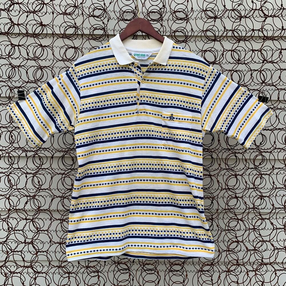 Vintage 70s Grand Slam Yellow Blue White striped polo shirt LARGE